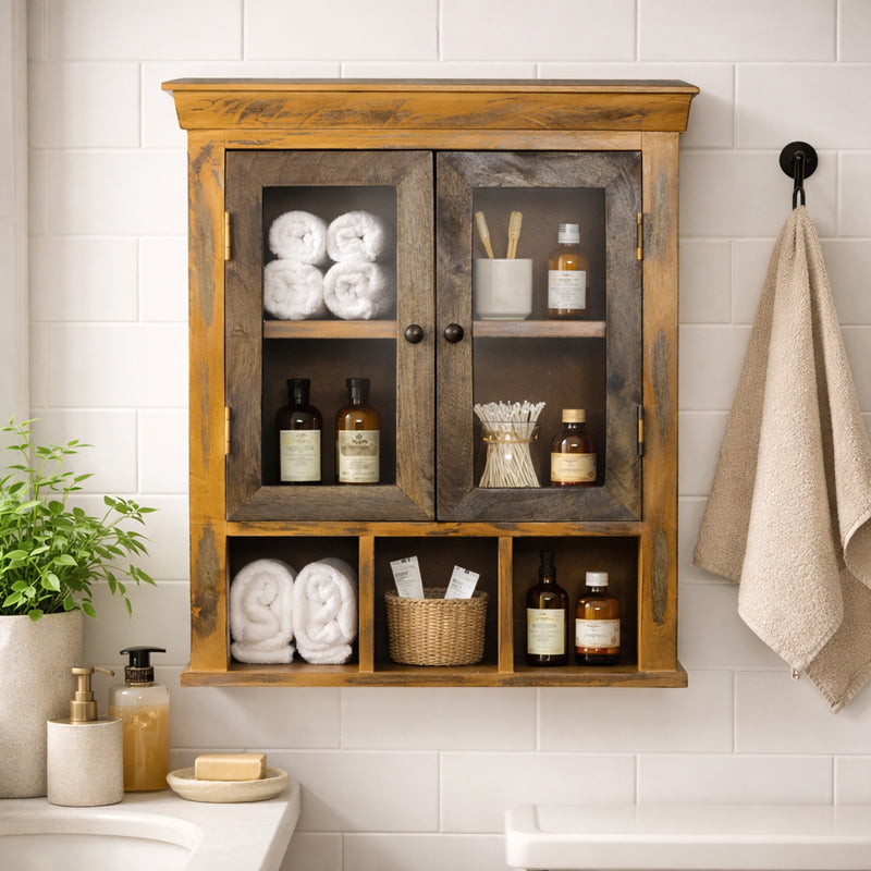 Solid Wood Distress Yellow Double Door Bathroom Cabinet in 2 Sizes