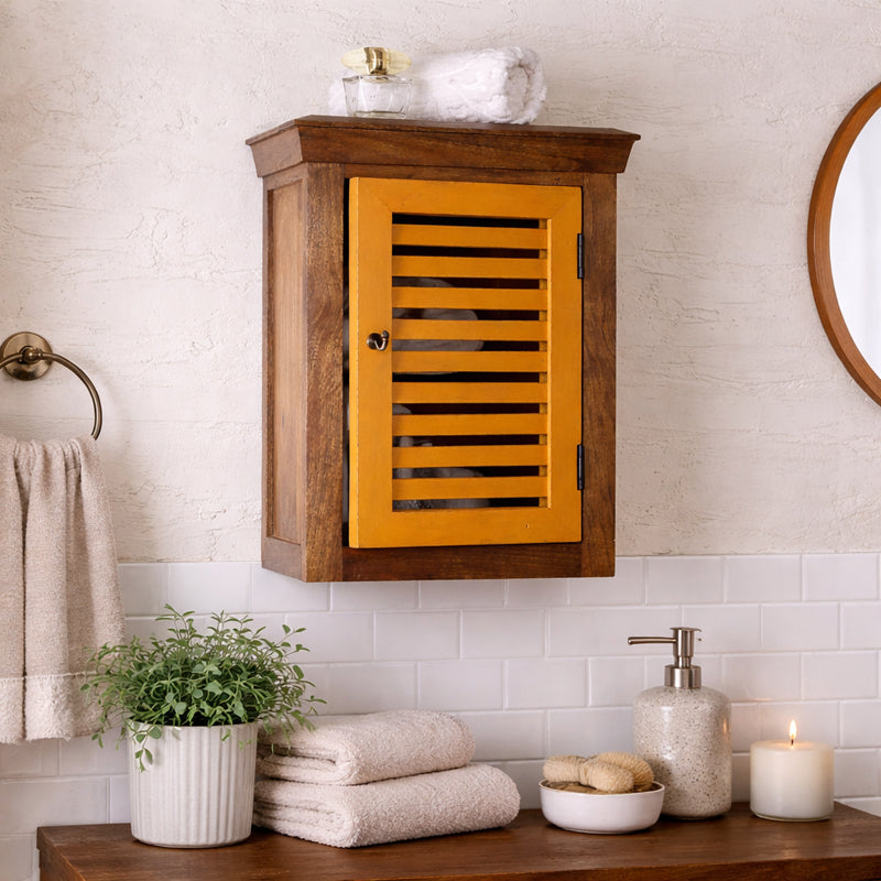Solid Wood Vintage Yellow Bath Cabinet