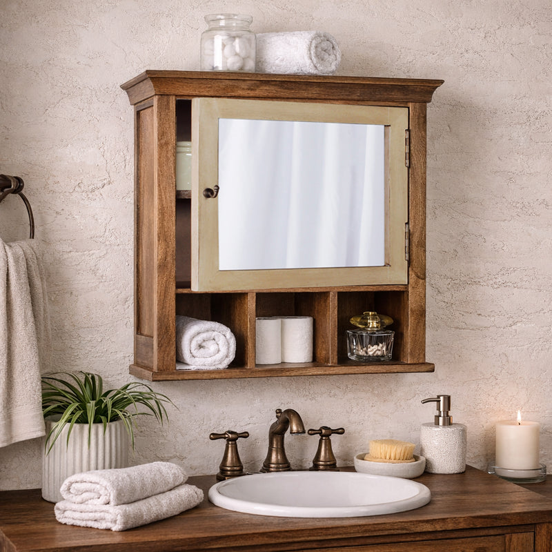 Solid Wood Vintage White Bathroom Cabinet with Mirror
