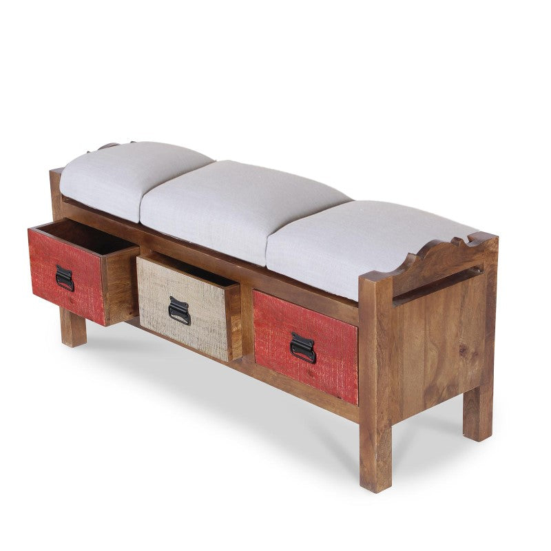 Agnes Solid Wood 3 Drawer Bench with hand woven upholstery