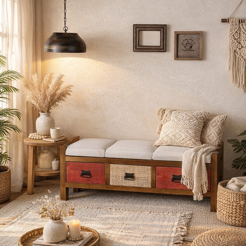 Agnes Solid Wood 3 Drawer Bench with hand woven upholstery