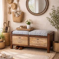 Alain Solid Wood 2 Drawer Bench with hand woven upholstery
