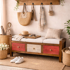 White Agnes Solid Wood 3 Drawer Bench with hand woven upholstery