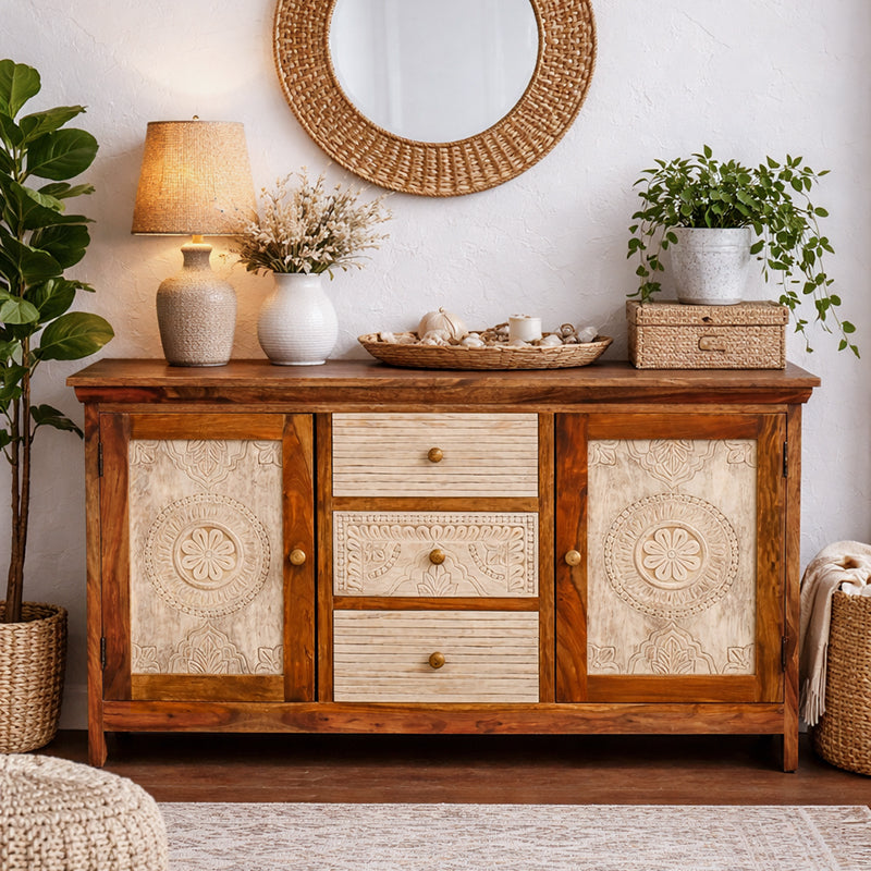 Dravidian Hand Carved Solid Wood Sideboard Cabinet