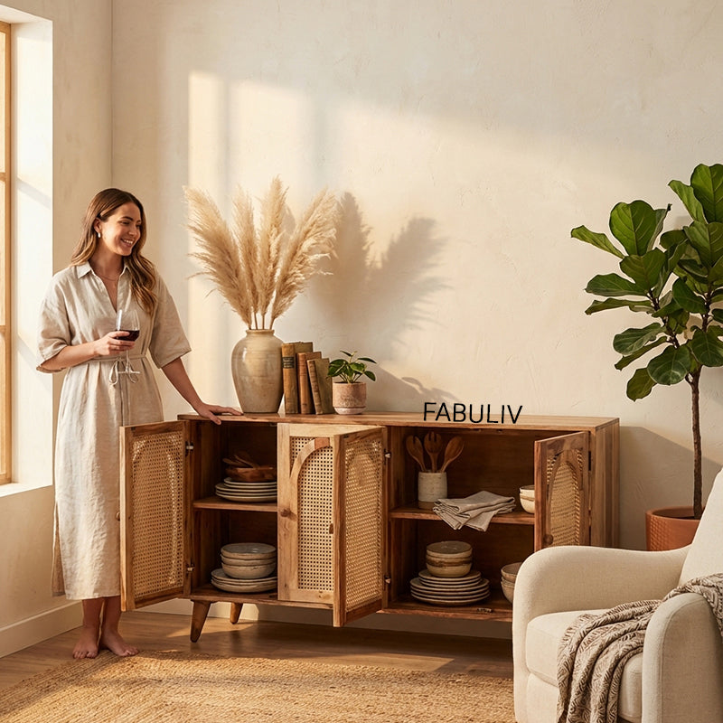 Verona Rattan Sheesham Wood Cabinet