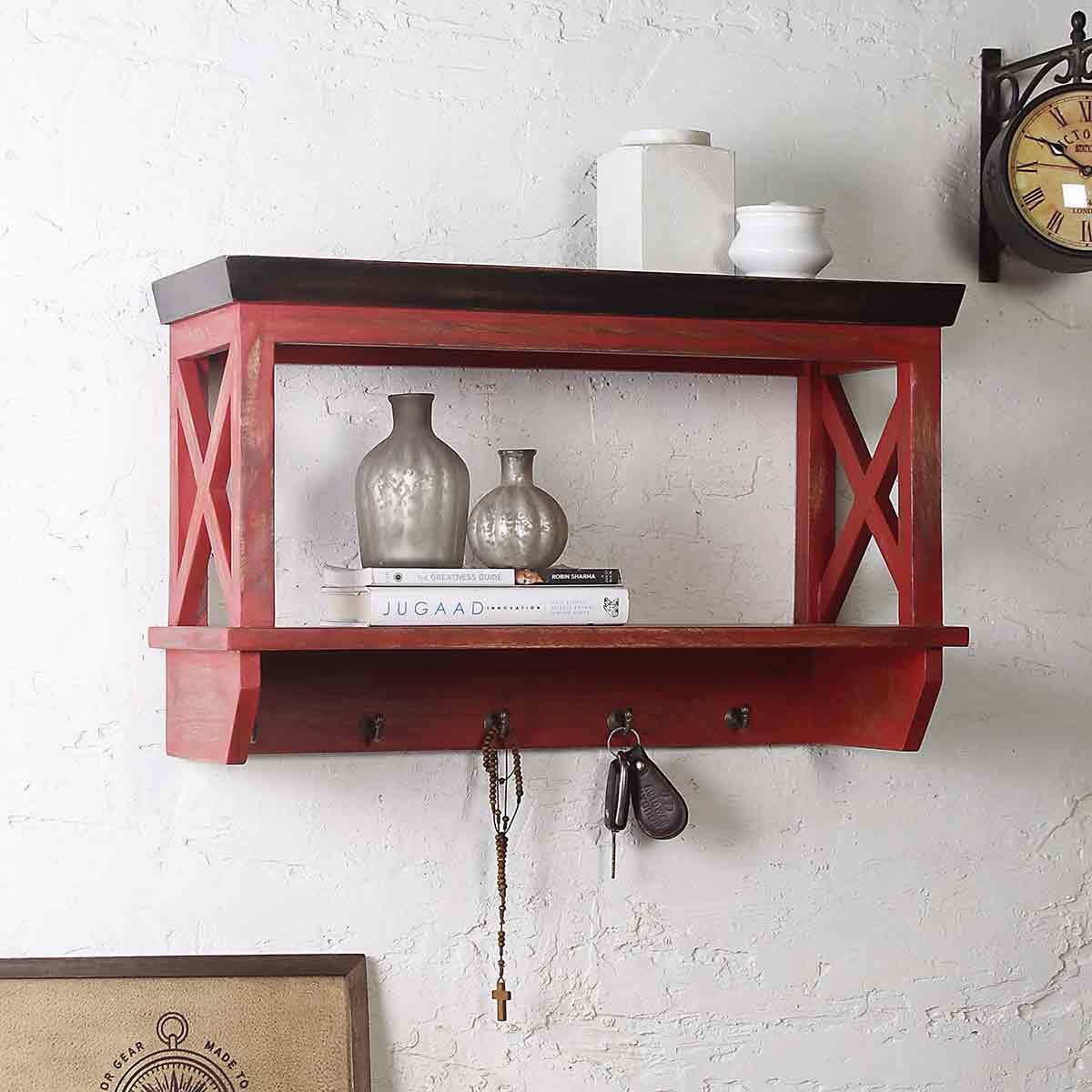 Alonza Solid Wood Vintage Wall Shelf with hooks