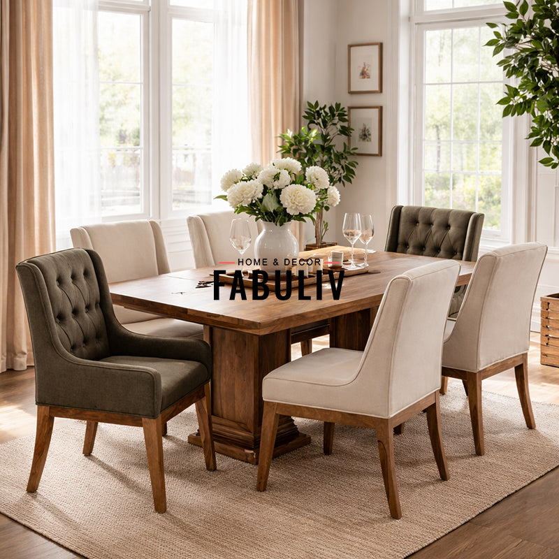 Enrico Solid Wood Six Seater Dining Set with Linen Fabric