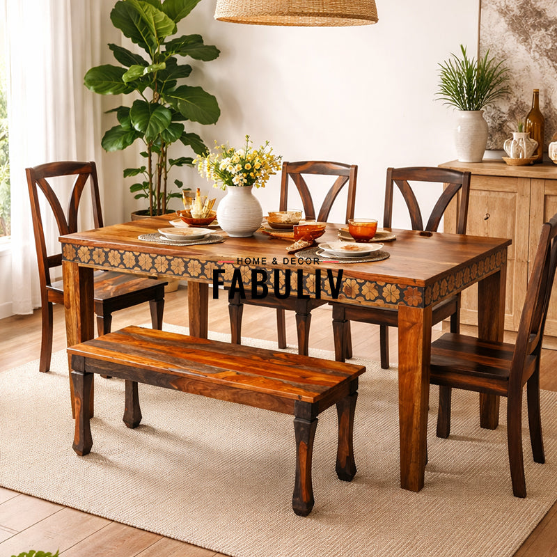 Victoire Solid Wood Six Seater Dining Set with Hand Carving