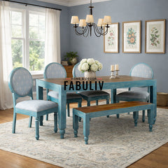 Gastone Solid Wood 6 Seater Dining Set with Blue Upholstery
