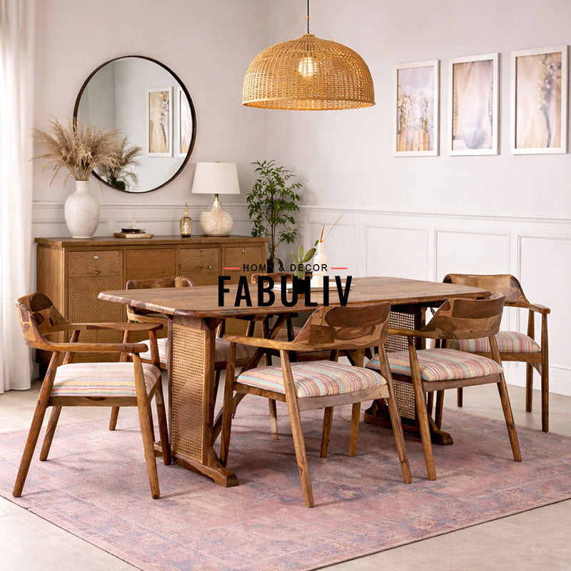 Diego Rattan Sheesham Wood 6 Seater Dining Table with 6 Chairs