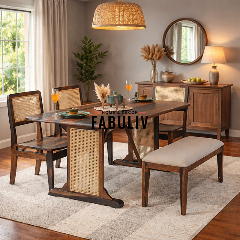 Elena Sheesham Wood Rattn 6 Seater Dining Set in Black & Teak Finish