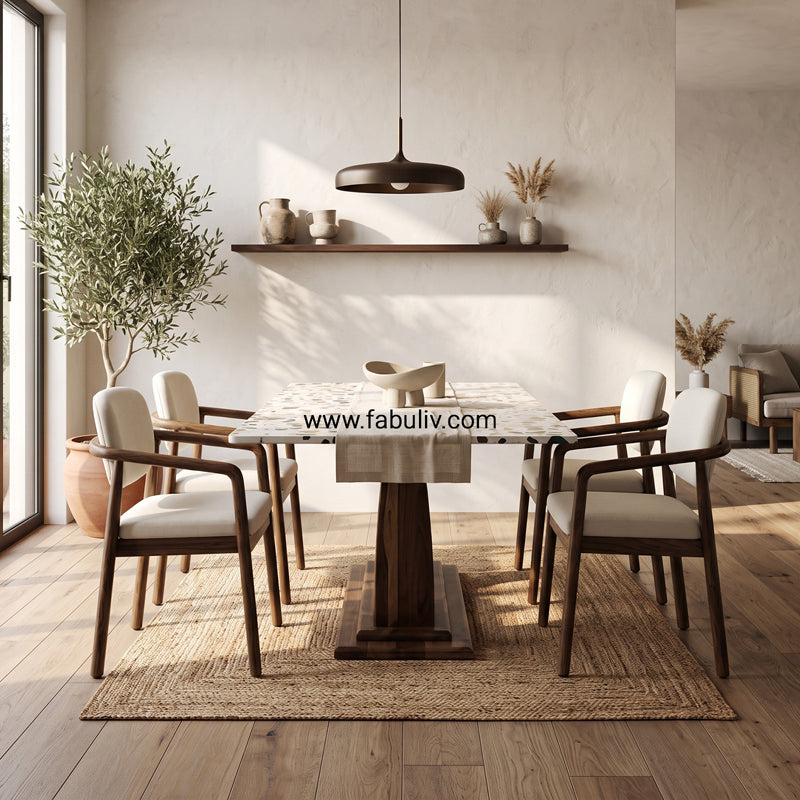 Mosaico Marble & Sheesham Wood Dining Set - 6 Seater