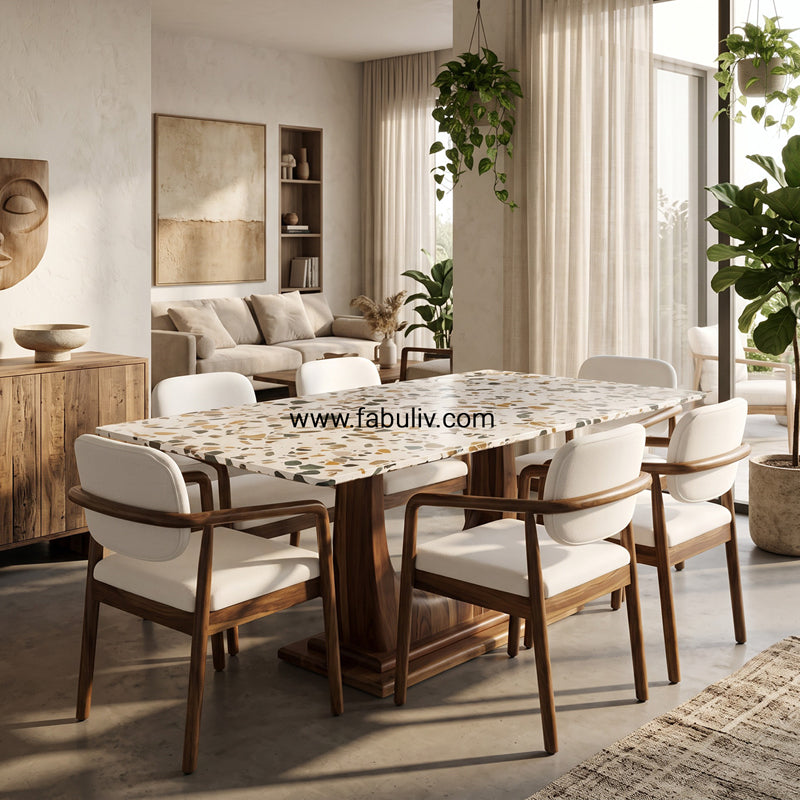 Mosaico Marble & Sheesham Wood Dining Set - 6 Seater