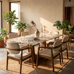 Mosaico Marble & Sheesham Wood Dining Set - 6 Seater