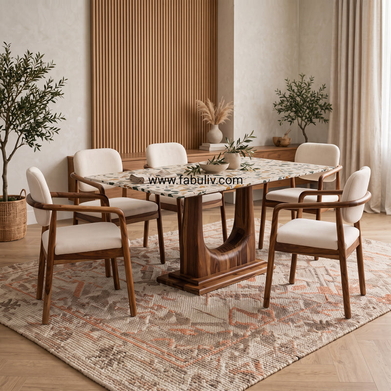 Mosaico Marble & Sheesham Wood Dining Set - 6 Seater