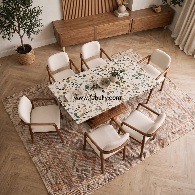 Mosaico Marble & Sheesham Wood Dining Set - 6 Seater