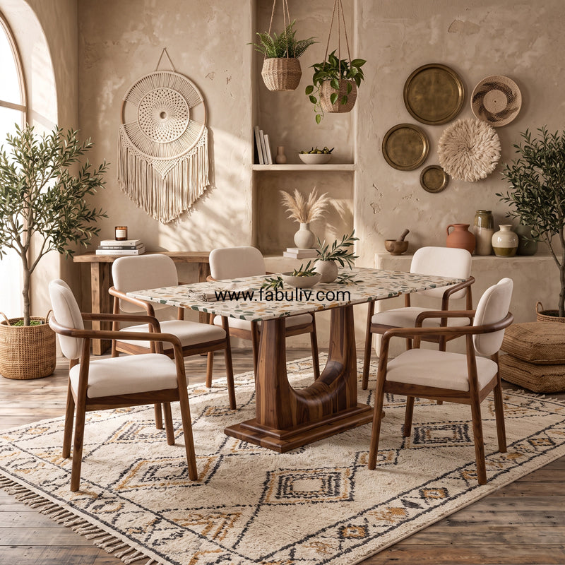 Mosaico Marble & Sheesham Wood Dining Set - 6 Seater