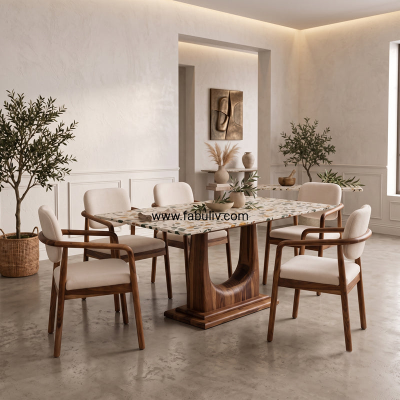 Mosaico Marble & Sheesham Wood Dining Set - 6 Seater