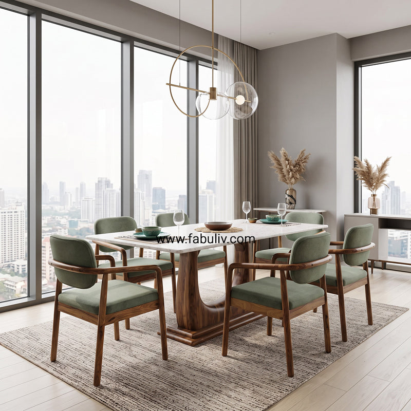 Mosaico Marble & Sheesham Wood Dining Set - 6 Seater