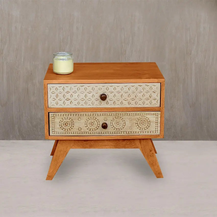 Dravidian Hand Carved Solid Wood Bedside Table - Fabuliv