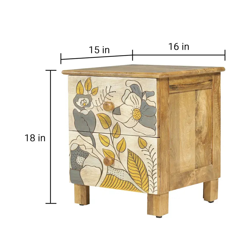 Pablo Solid Wood Bedside Table with Hand Carving