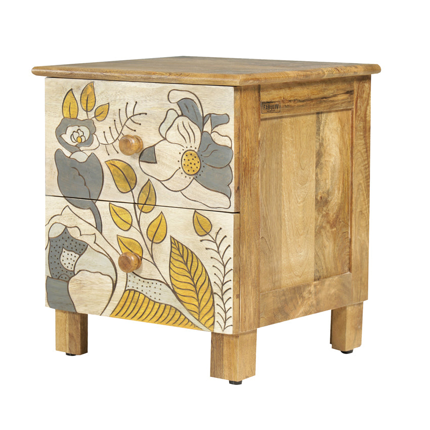 Pablo Solid Wood Bedside Table with Hand Carving
