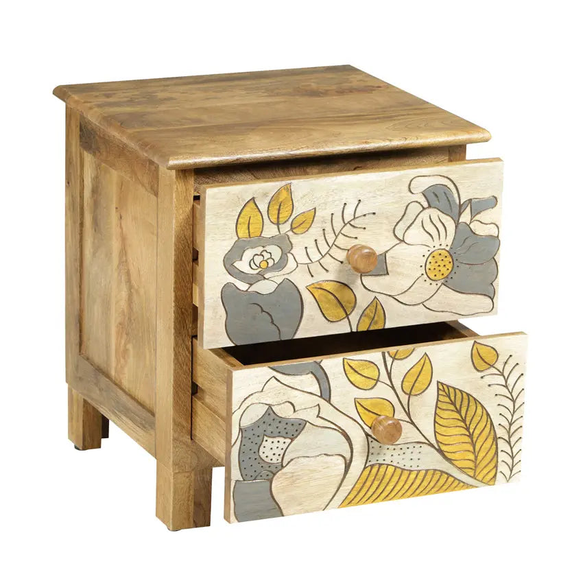 Pablo Solid Wood Bedside Table with Hand Carving