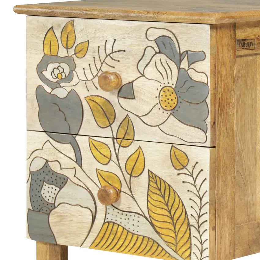 Pablo Solid Wood Bedside Table with Hand Carving