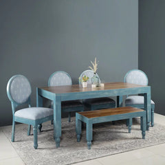 Gastone Solid Wood 6 Seater Dining Set with Blue Upholstery