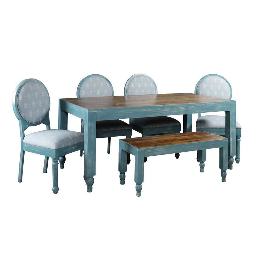 Gastone Solid Wood 6 Seater Dining Set with Blue Upholstery