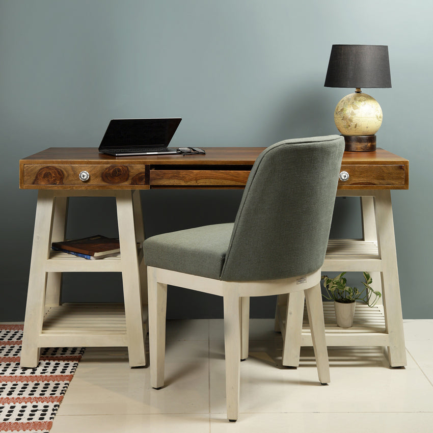 Timothy Study Table with Chair in White and Teak Finish