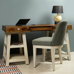 Timothy Study Table with Chair in White and Teak Finish