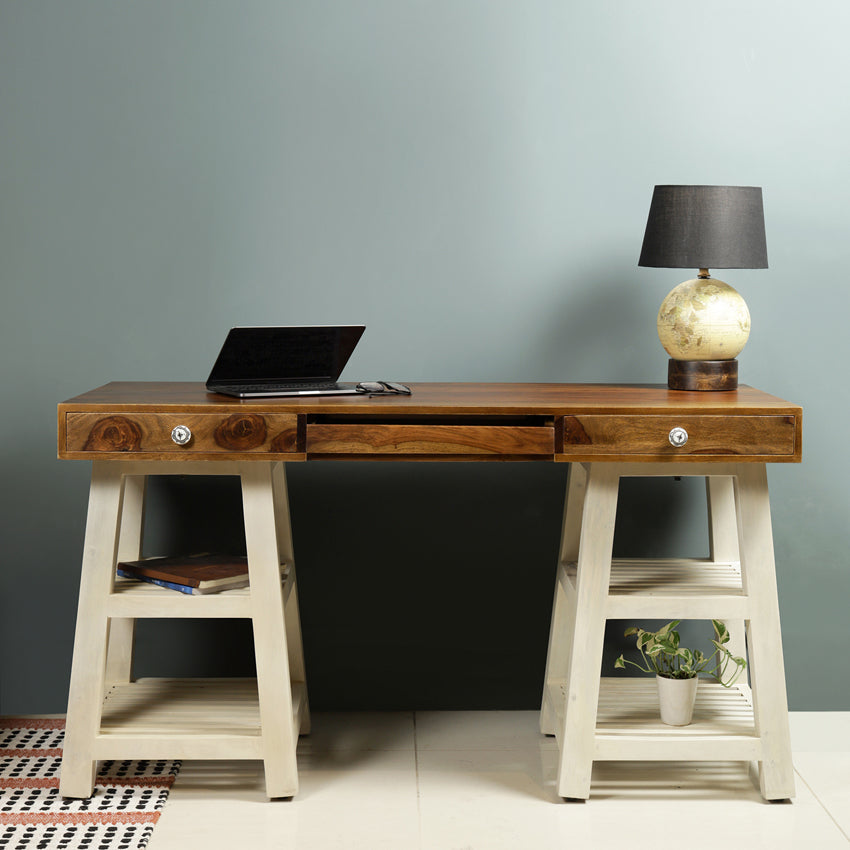 Timothy Study Table in White and Teak Finish