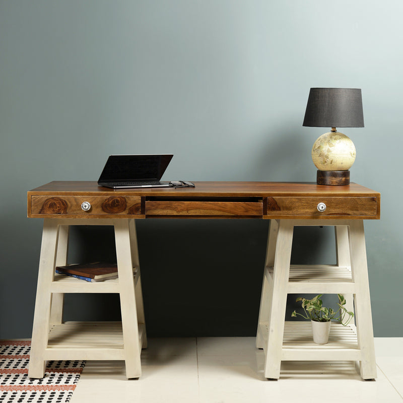Timothy Study Table in White and Teak Finish Fabuliv