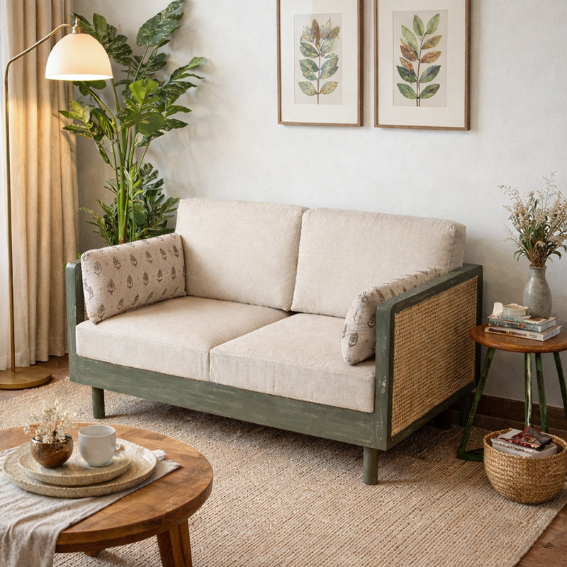 Ethan Solid Wood 2 Seater Sofa with Rattan Cane Work