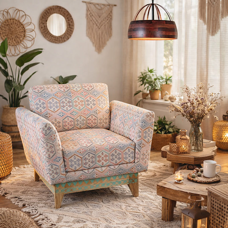 Victoria Solid Wood Hand Carved One Seater Sofa with Hand Woven Upholstery