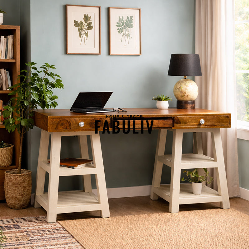 Triangular Table Study White Timothy Study Table in White and Teak Finish | Fabuliv