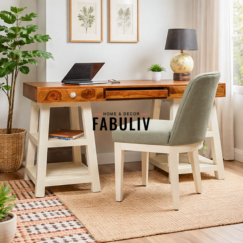 Timothy Study Table with Chair in White and Teak Finish
