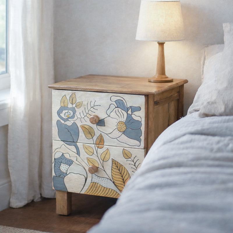 Pablo Solid Wood Bedside Table with Hand Carving