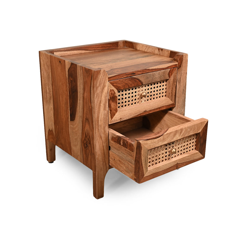 Valora Solid Sheesham Wood Bedside Table with Rattan