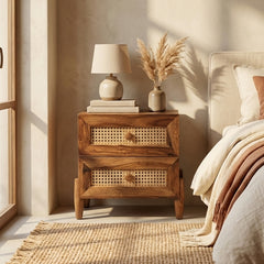 Valora Solid Sheesham Wood Bedside Table with Rattan