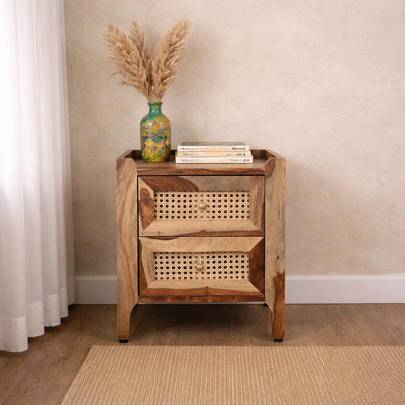 Valora Solid Sheesham Wood Bedside Table with Rattan