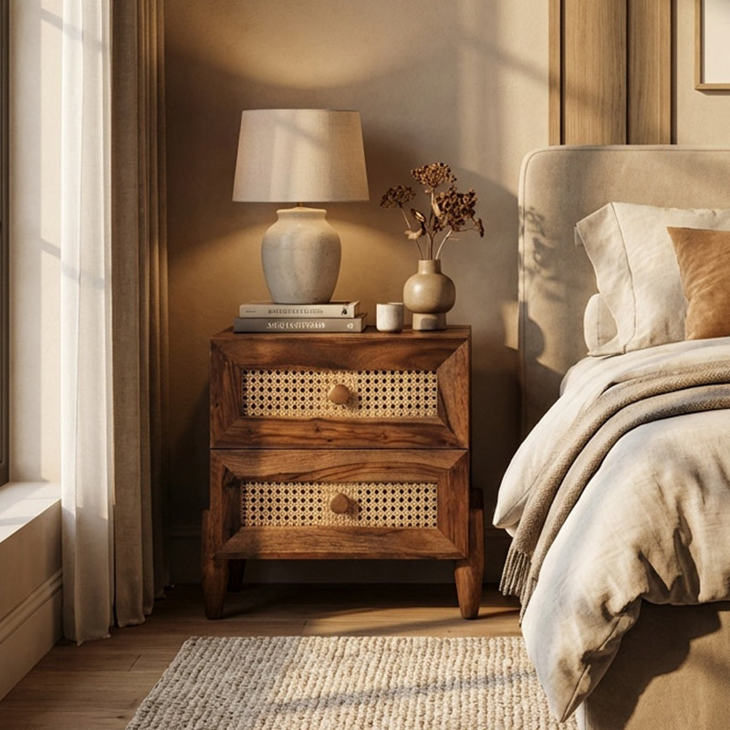 Valora Solid Sheesham Wood Bedside Table with Rattan