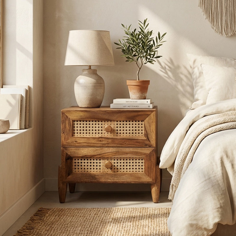 Valora Solid Sheesham Wood Bedside Table with Rattan