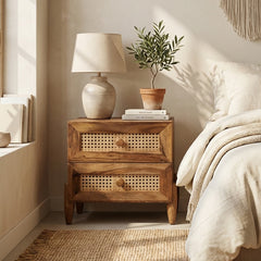 Valora Solid Sheesham Wood Bedside Table with Rattan