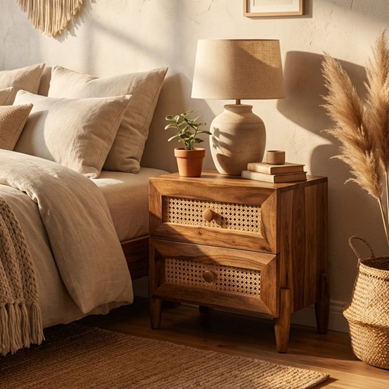 Valora Solid Sheesham Wood Bedside Table with Rattan