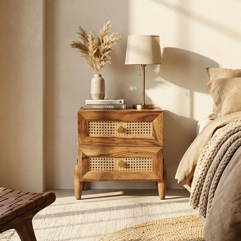 Valora Solid Sheesham Wood Bedside Table with Rattan
