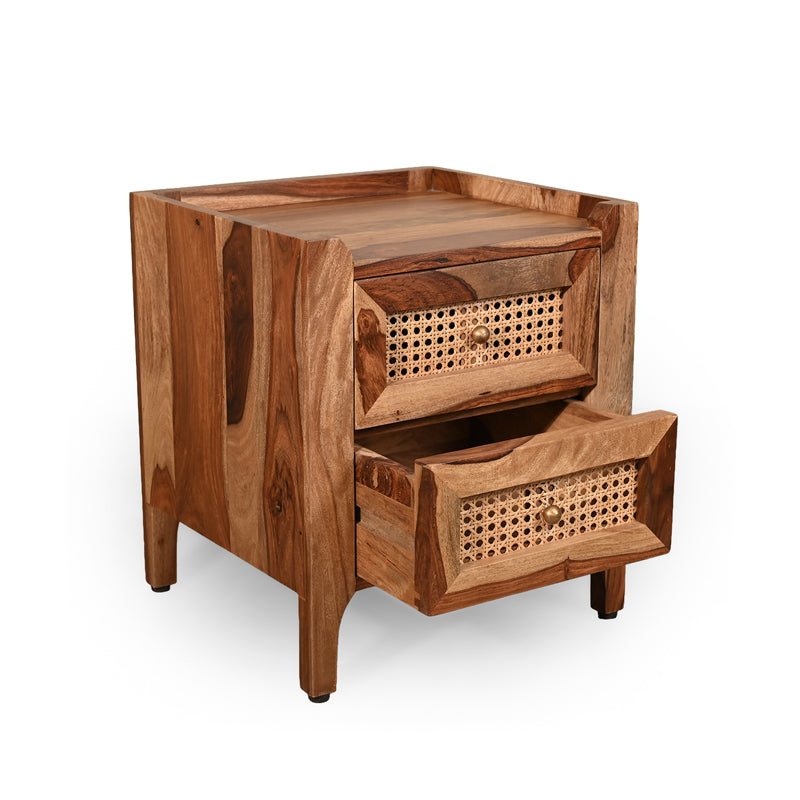 Valora Solid Sheesham Wood Bedside Table with Rattan