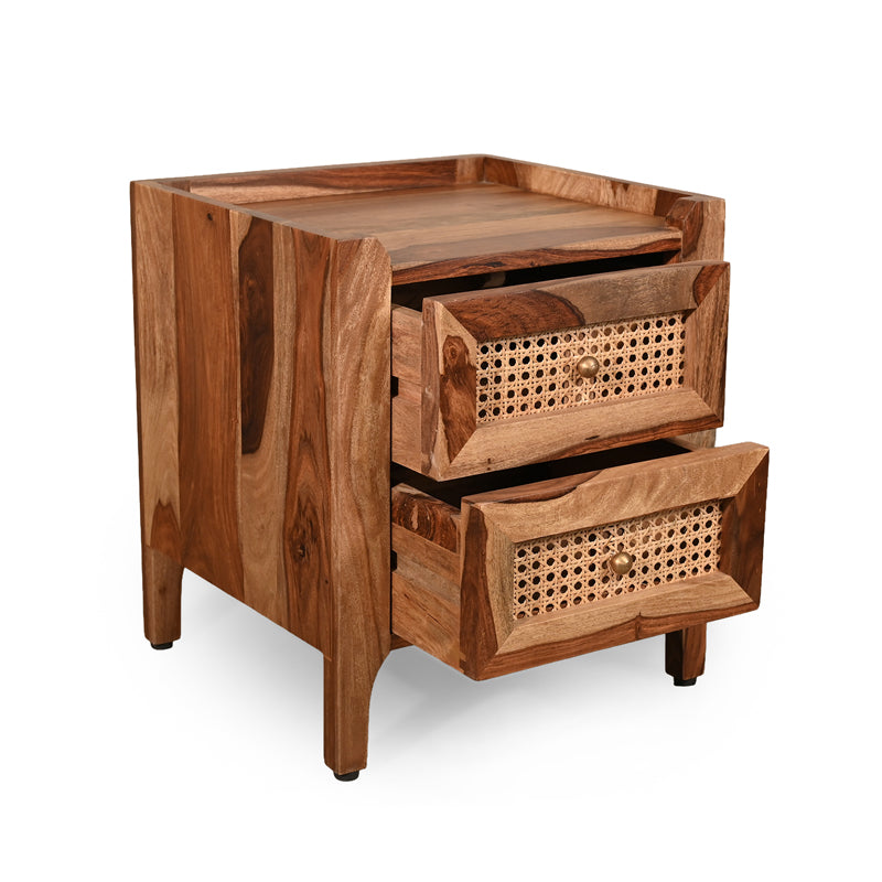 Valora Solid Sheesham Wood Bedside Table with Rattan