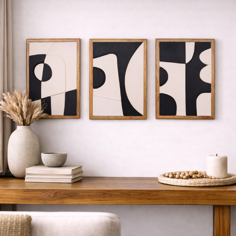 Wooden Wall Art Set of 3 in Black and White Colour